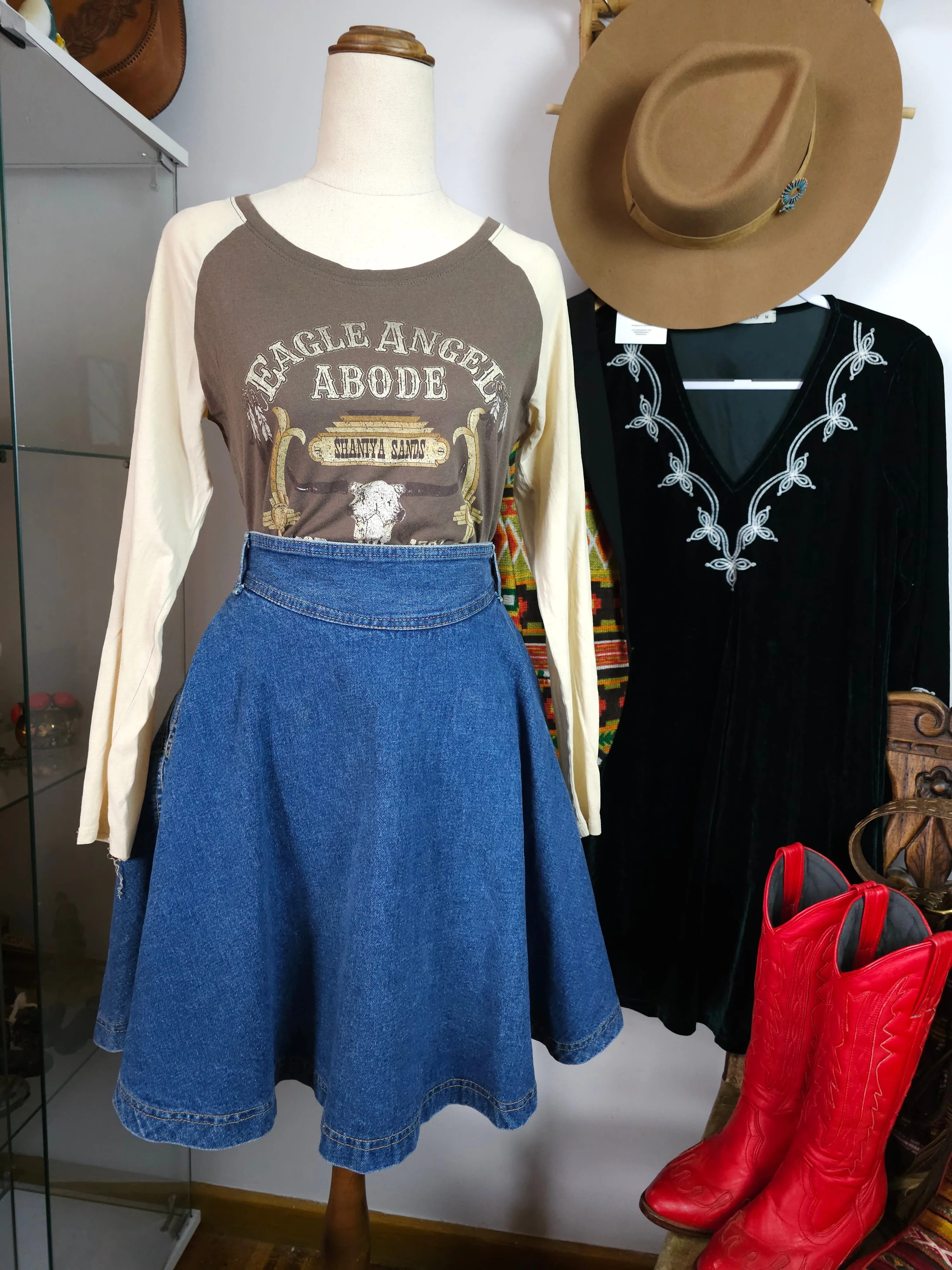Vintage PIONEER 80s Denim Circle Mini Skirt – Western Cowgirl Style – AU Sz 12-14 (M-L)