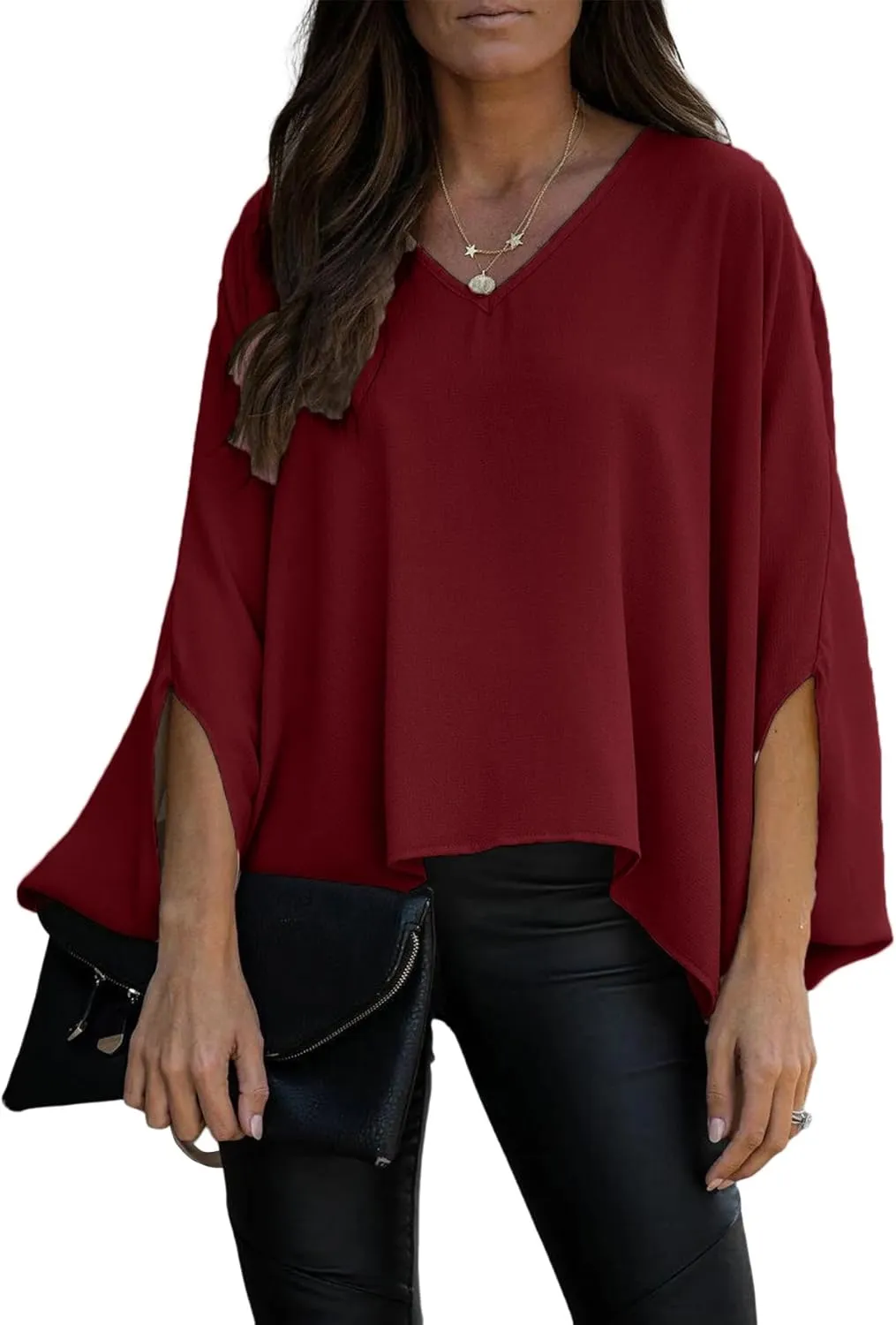 Vrtige Women's Casual V Neck Batwing Long Sleeve Blouse Shirt Tunic Top