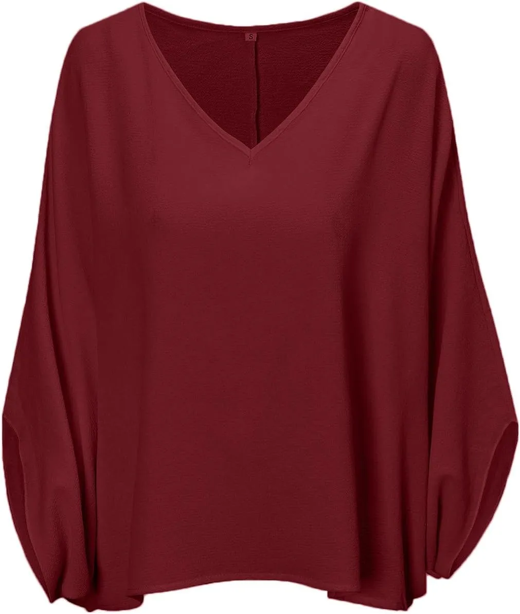 Vrtige Women's Casual V Neck Batwing Long Sleeve Blouse Shirt Tunic Top