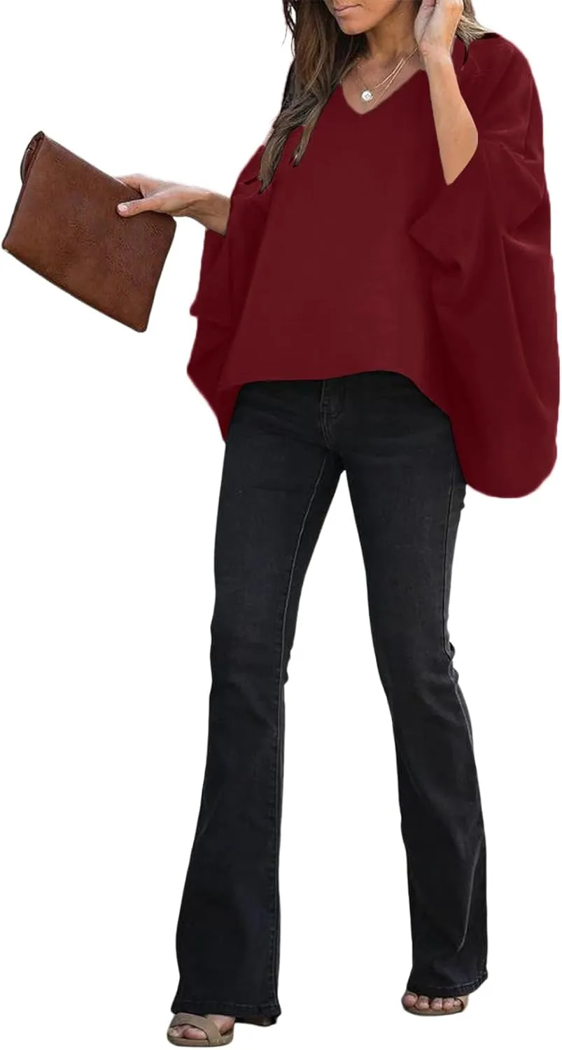 Vrtige Women's Casual V Neck Batwing Long Sleeve Blouse Shirt Tunic Top