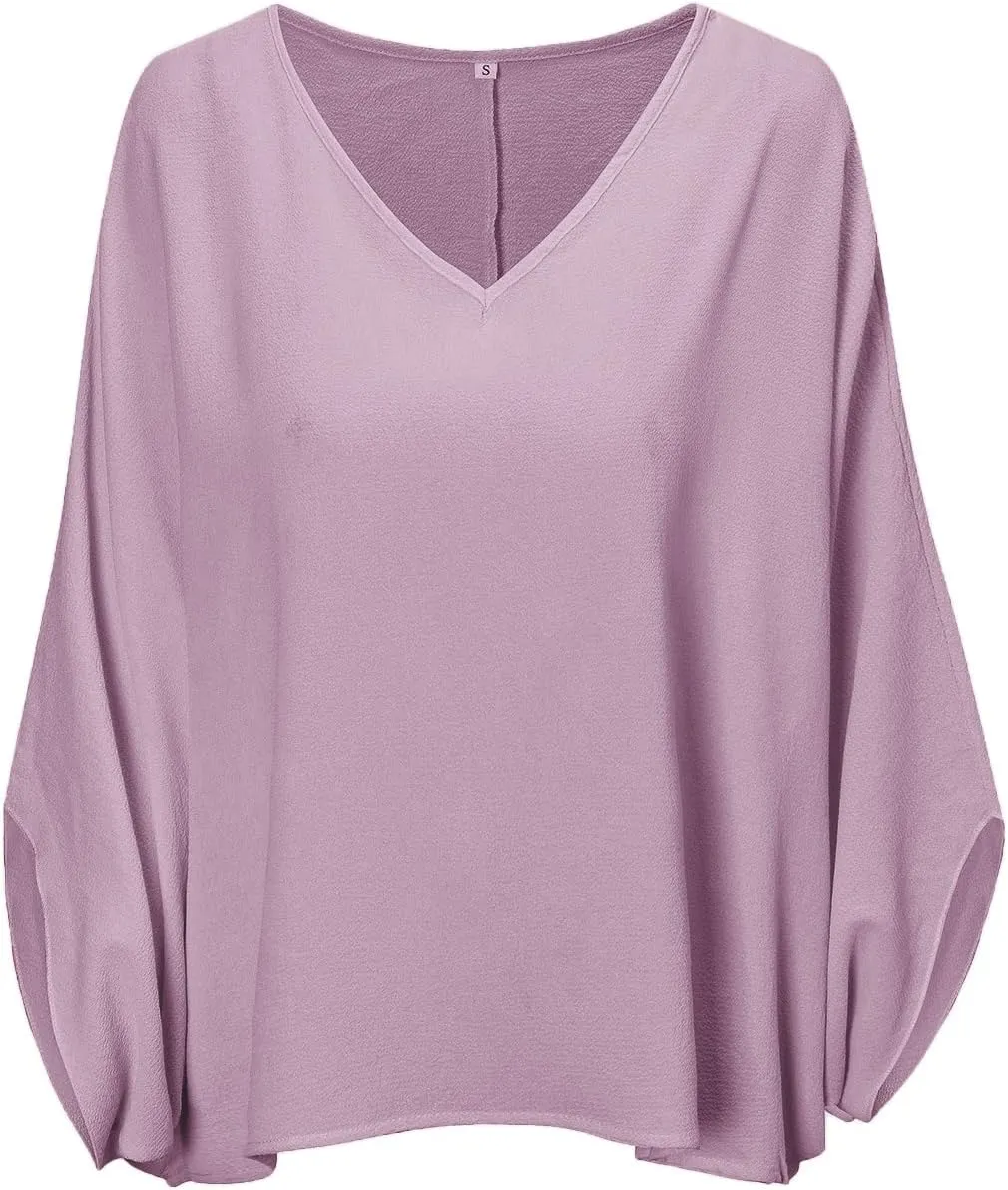 Vrtige Women's Casual V Neck Batwing Long Sleeve Blouse Shirt Tunic Top