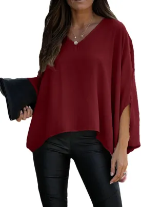 Vrtige Women's Casual V Neck Batwing Long Sleeve Blouse Shirt Tunic Top
