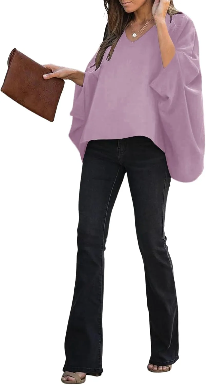 Vrtige Women's Casual V Neck Batwing Long Sleeve Blouse Shirt Tunic Top