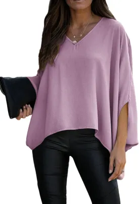 Vrtige Women's Casual V Neck Batwing Long Sleeve Blouse Shirt Tunic Top