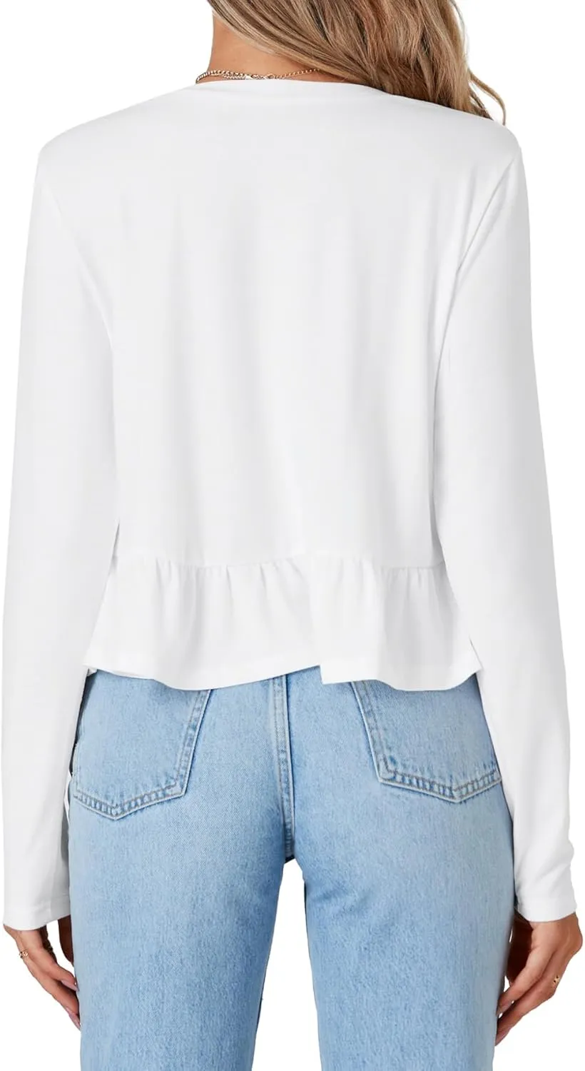 Vrtige Women's Casual V Neck Long Sleeve Peplum Ruffle Hem Babydoll Blouse Shirt Crop Top