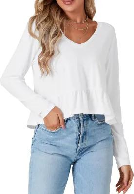 Vrtige Women's Casual V Neck Long Sleeve Peplum Ruffle Hem Babydoll Blouse Shirt Crop Top