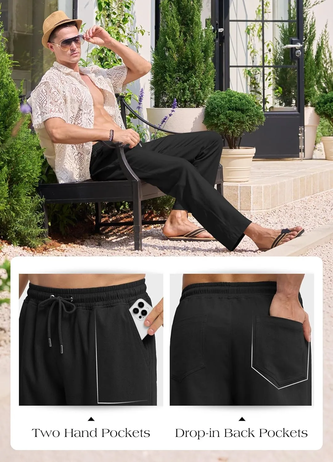 Willit Men's Linen Pants Casual Beach Summer Pants Drawstring Lightweight Yoga Linen Trousers 28" 30"