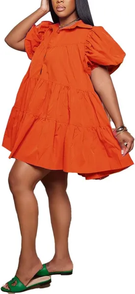 WOKANSE Women's Cute Babydoll Dresses 2024 Casual Loose Puff Sleeves Ruffle Hem Button Down Pleated Shirt Dress