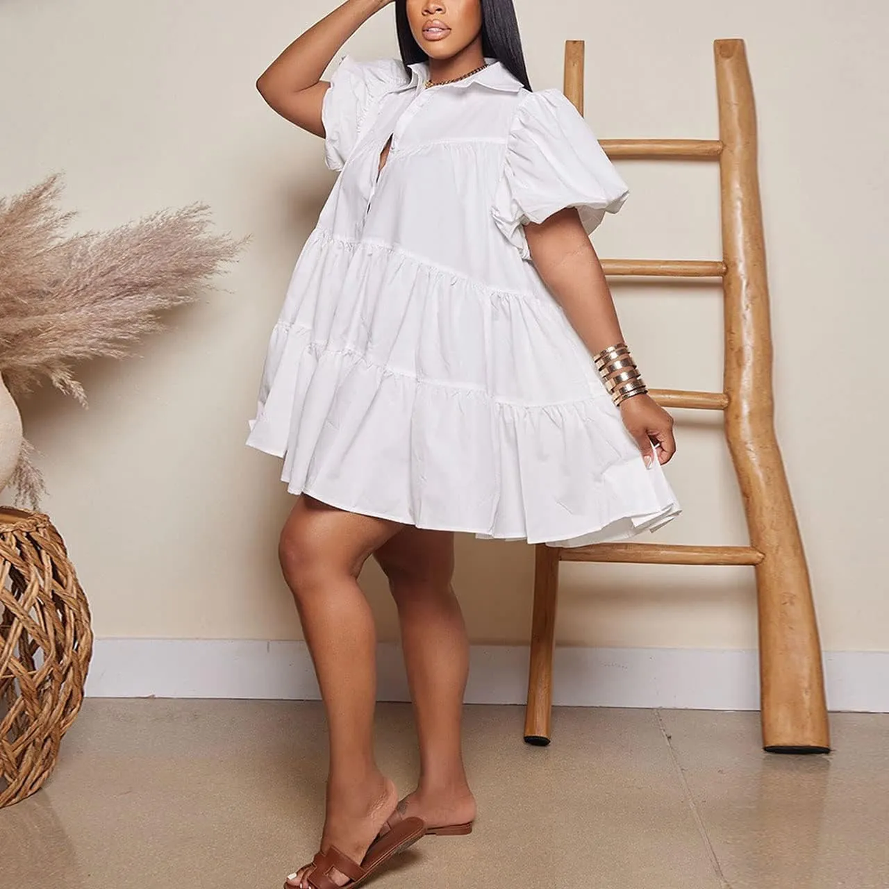 WOKANSE Women's Cute Babydoll Dresses 2024 Casual Loose Puff Sleeves Ruffle Hem Button Down Pleated Shirt Dress
