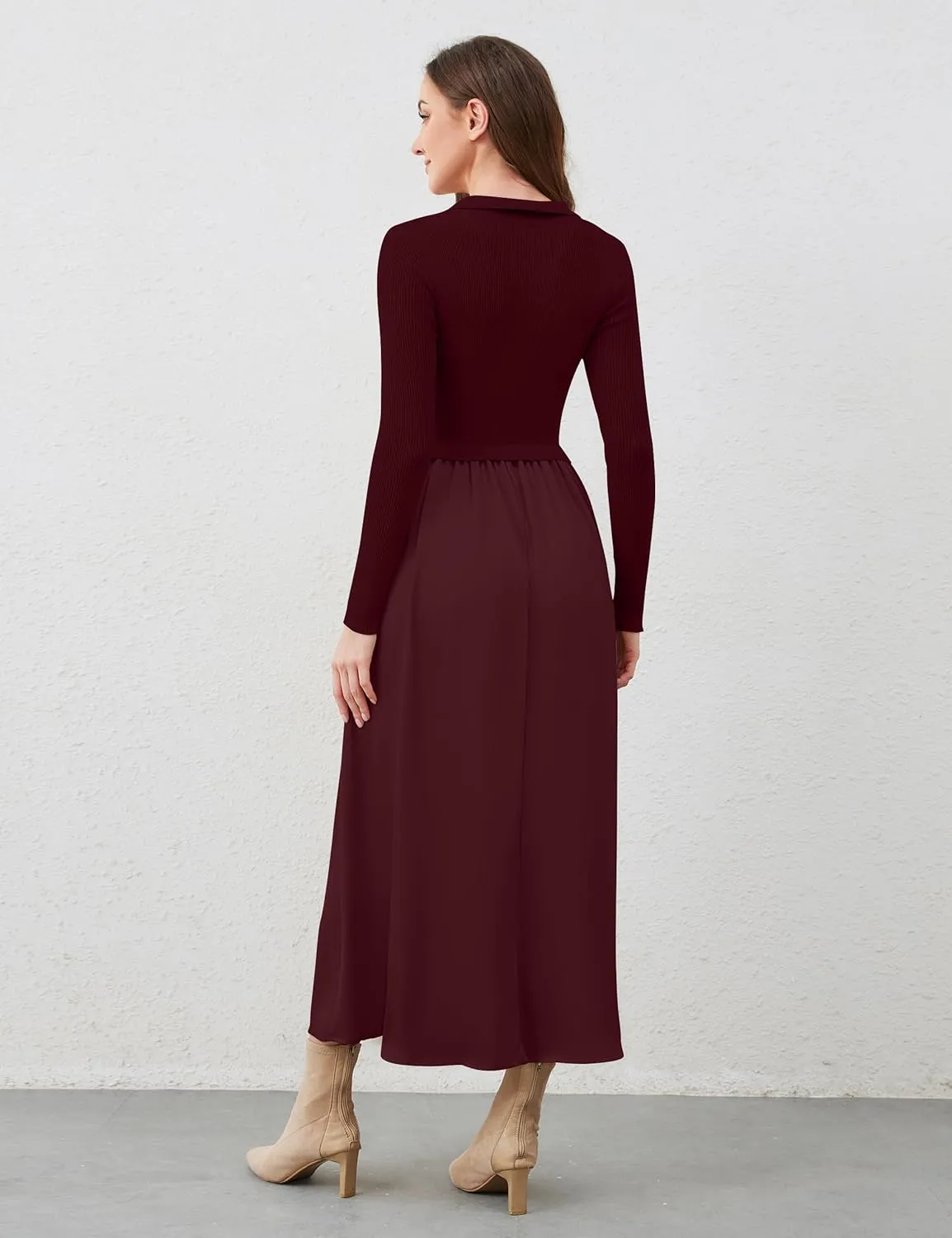 Women Lapel V Neck Sweater Maxi Dress Slim Fit Long Sleeve Ribbed Knit High Waist Patchwork Flowy Long Dresses