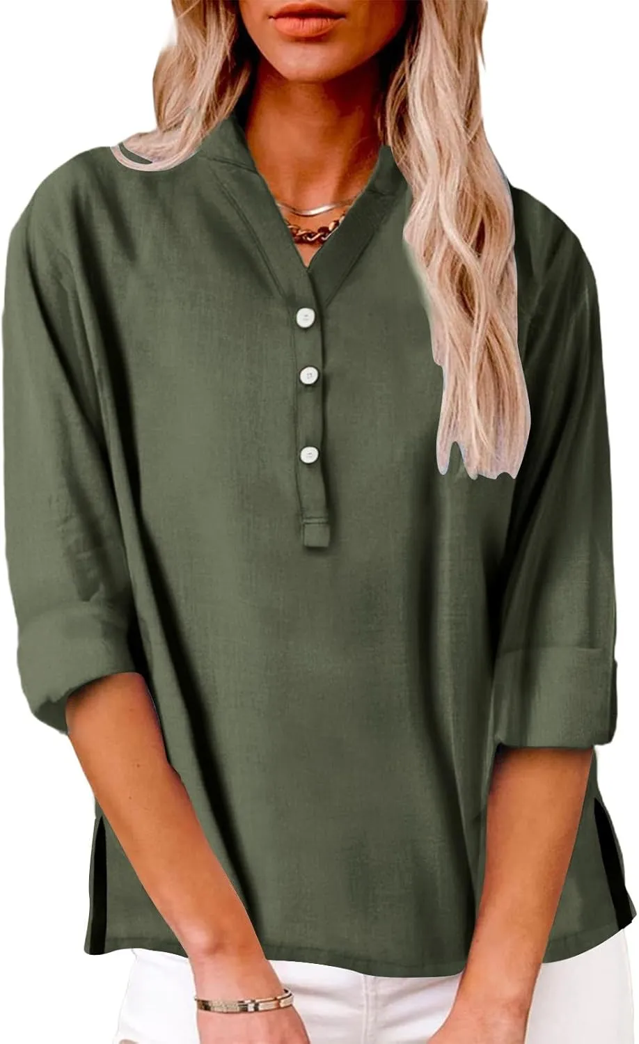 Women Linen Shirts Summer Trendy Short Sleeve V Neck Blouses Lightweight Breathable Tunic Tops Beach Vacation Clothes