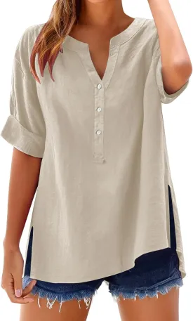 Women Linen Shirts Summer Trendy Short Sleeve V Neck Blouses Lightweight Breathable Tunic Tops Beach Vacation Clothes