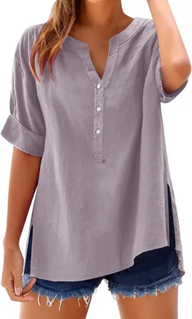 Women Linen Shirts Summer Trendy Short Sleeve V Neck Blouses Lightweight Breathable Tunic Tops Beach Vacation Clothes