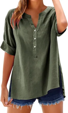 Women Linen Shirts Summer Trendy Short Sleeve V Neck Blouses Lightweight Breathable Tunic Tops Beach Vacation Clothes