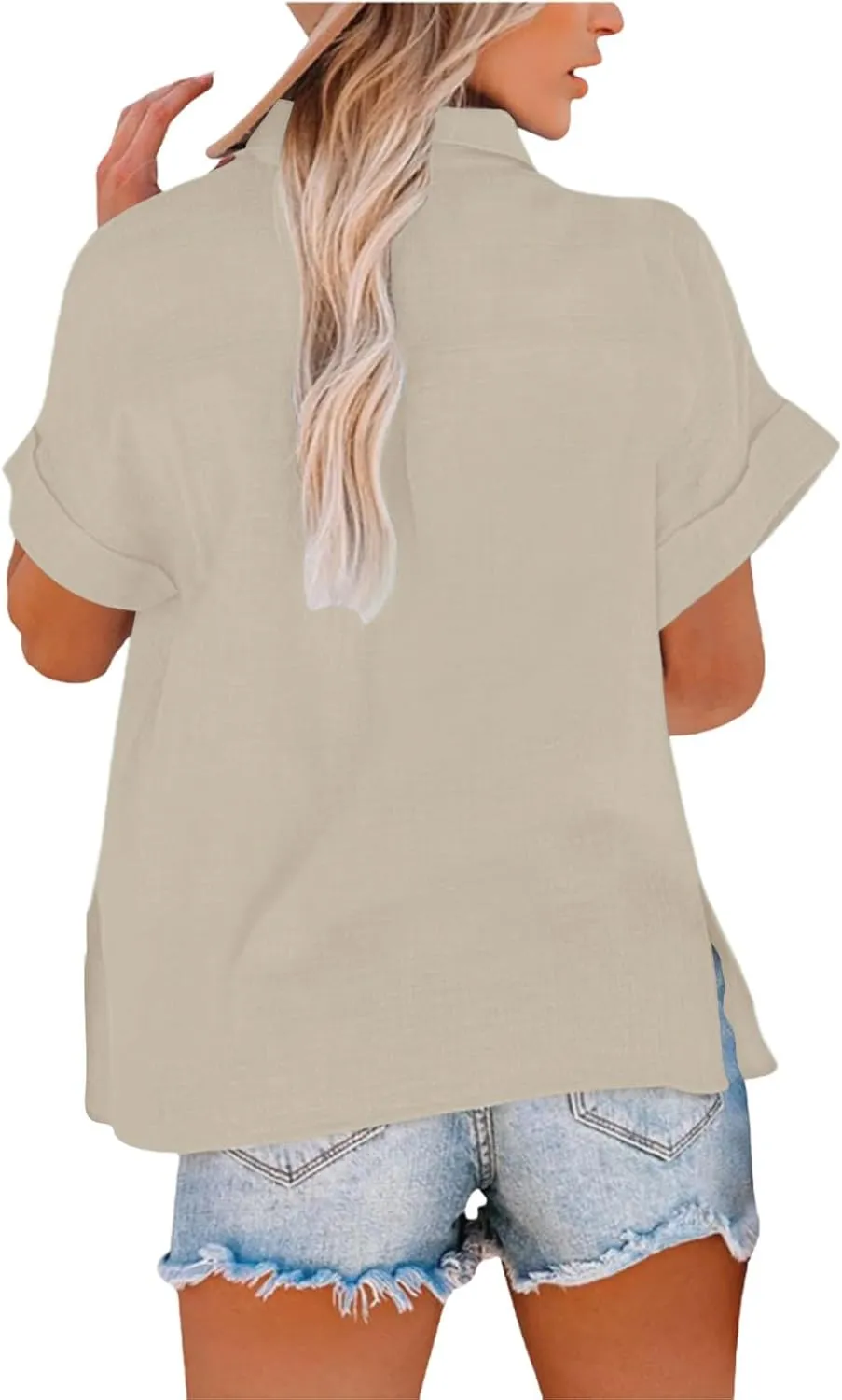 Women Linen Shirts Summer Trendy Short Sleeve V Neck Blouses Lightweight Breathable Tunic Tops Beach Vacation Clothes