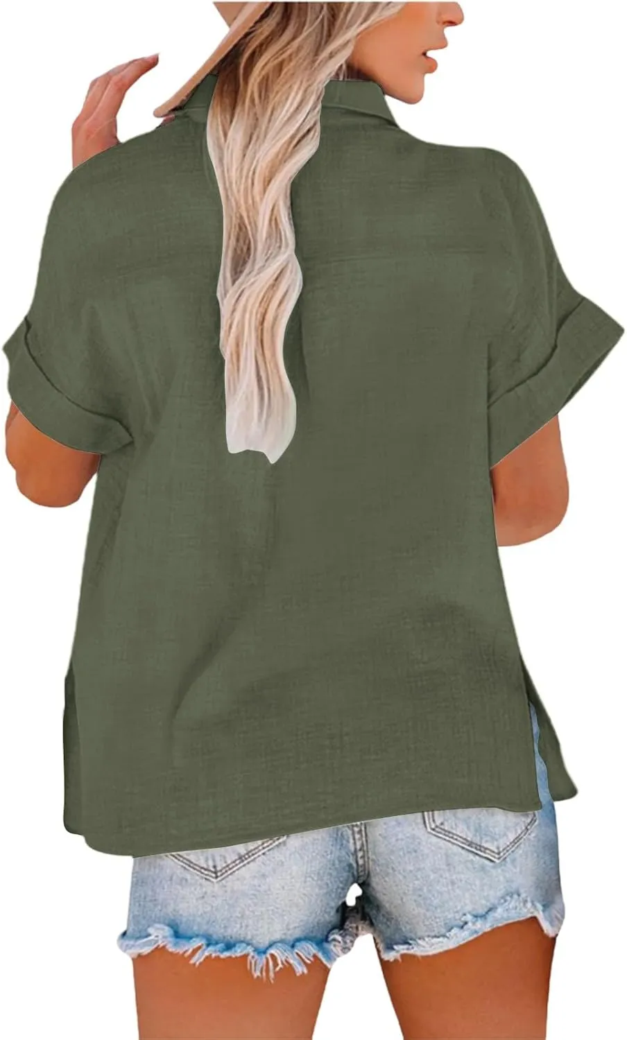 Women Linen Shirts Summer Trendy Short Sleeve V Neck Blouses Lightweight Breathable Tunic Tops Beach Vacation Clothes