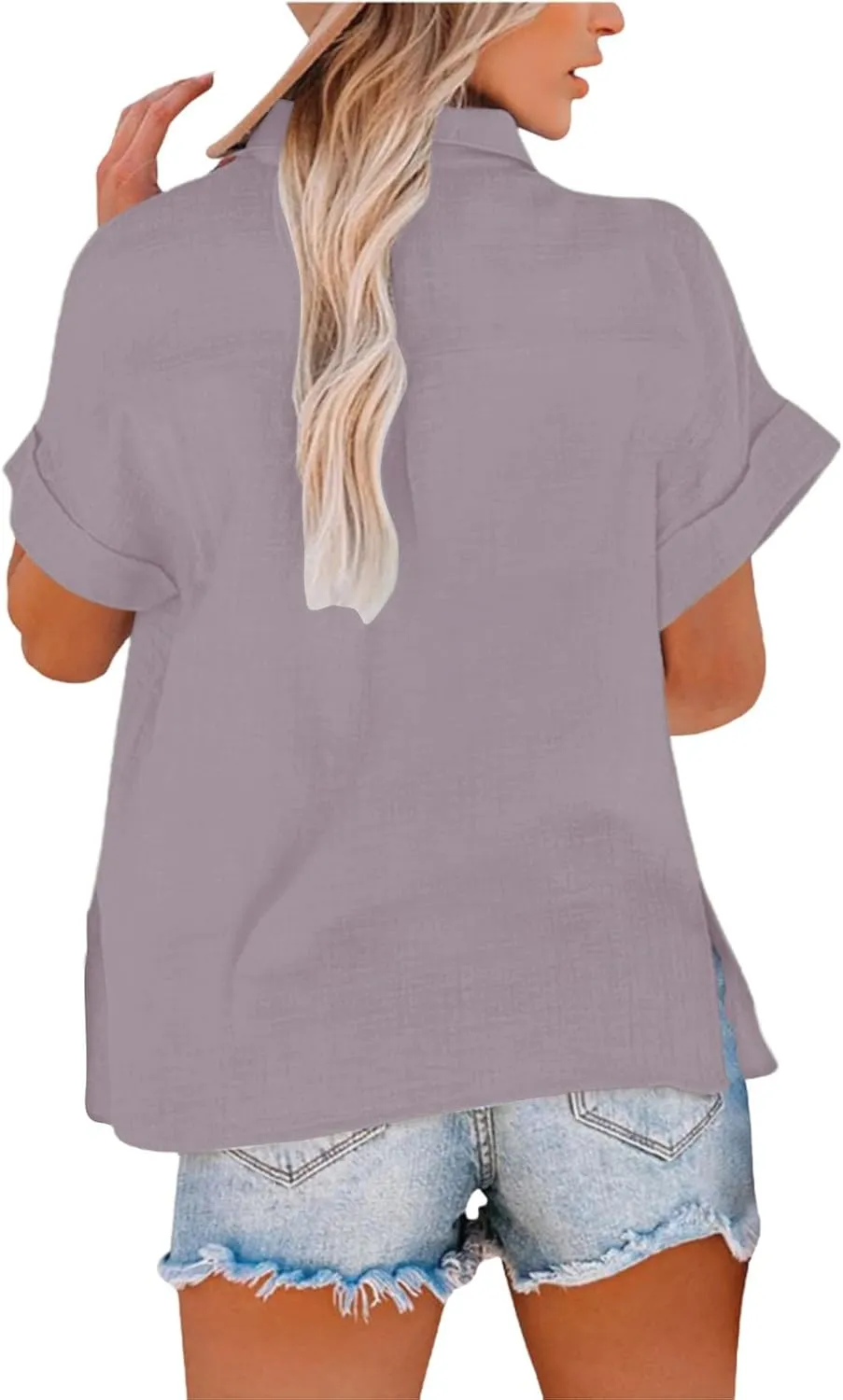 Women Linen Shirts Summer Trendy Short Sleeve V Neck Blouses Lightweight Breathable Tunic Tops Beach Vacation Clothes