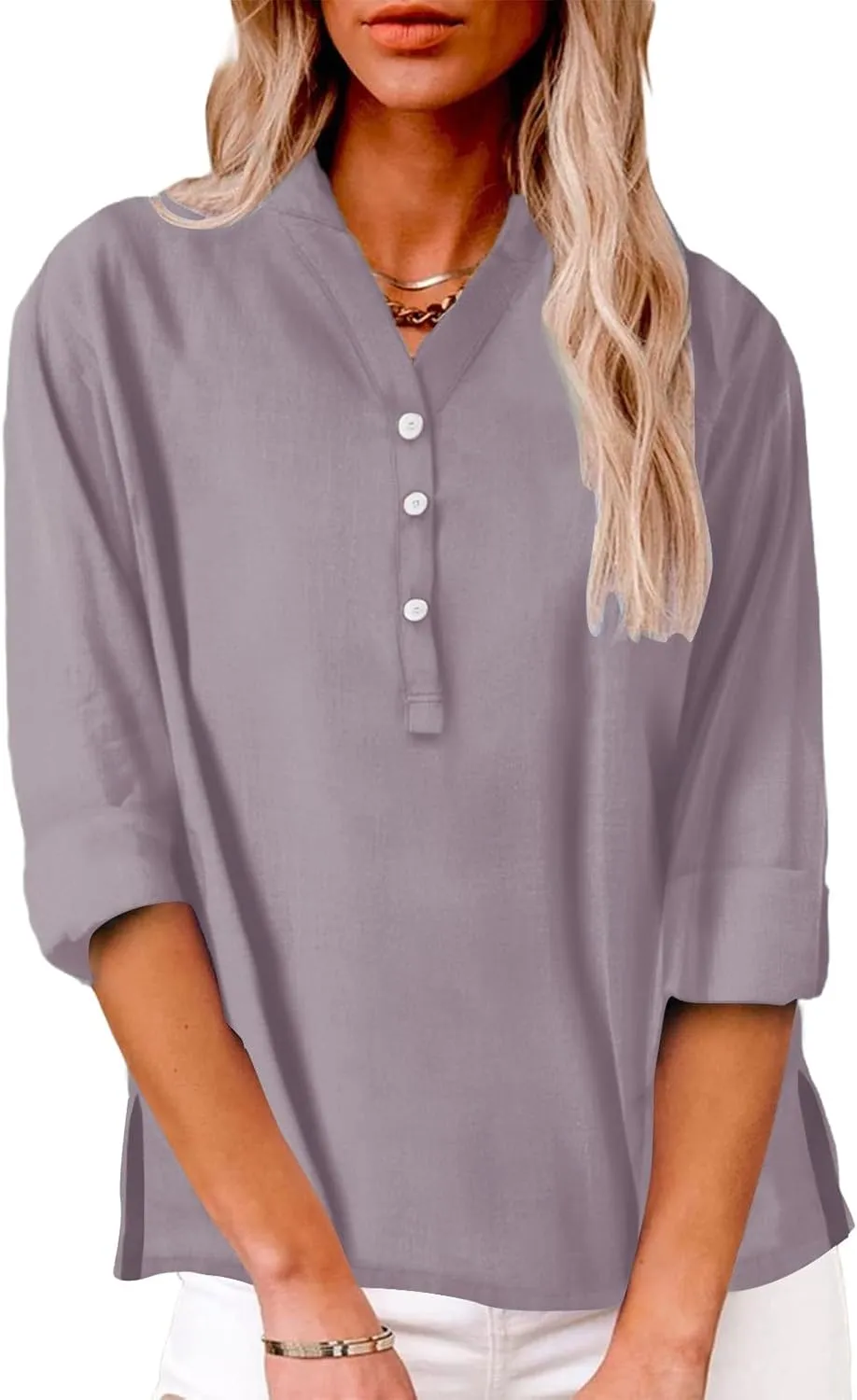 Women Linen Shirts Summer Trendy Short Sleeve V Neck Blouses Lightweight Breathable Tunic Tops Beach Vacation Clothes