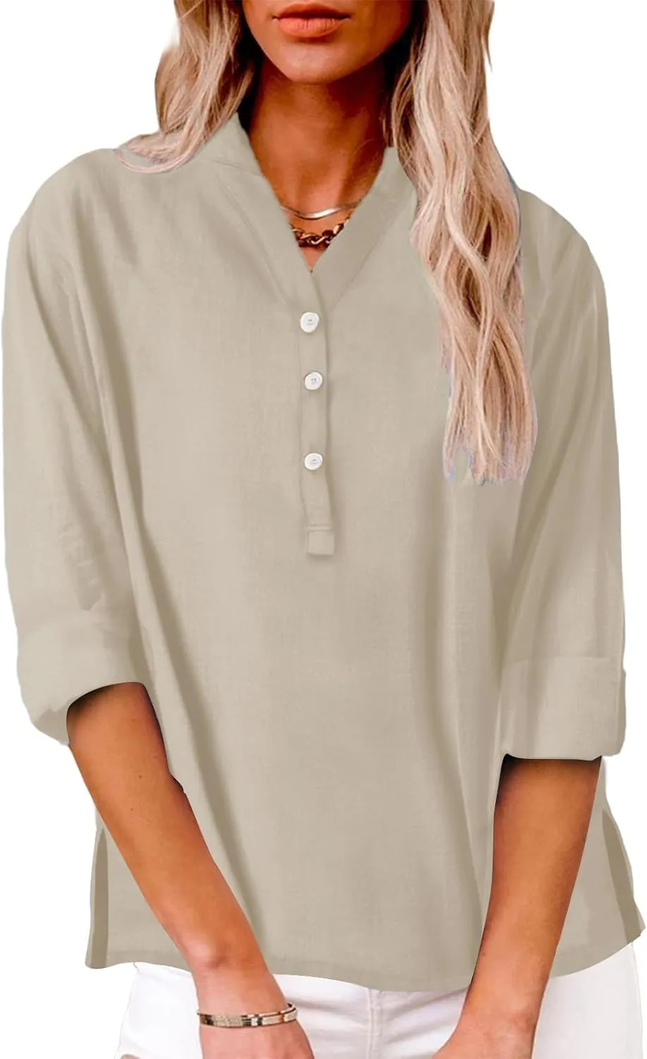 Women Linen Shirts Summer Trendy Short Sleeve V Neck Blouses Lightweight Breathable Tunic Tops Beach Vacation Clothes