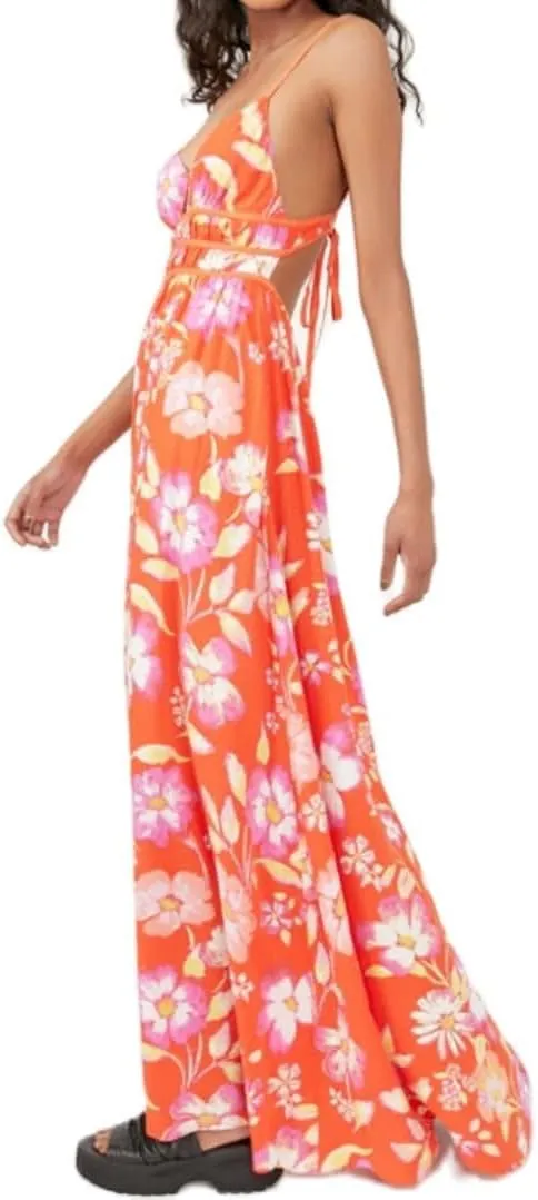 Women Y2k Boho Maxi Dress Tie Front V Neck Cami Flowy Dress Summer Causal Floral Beach Vacation Sundress
