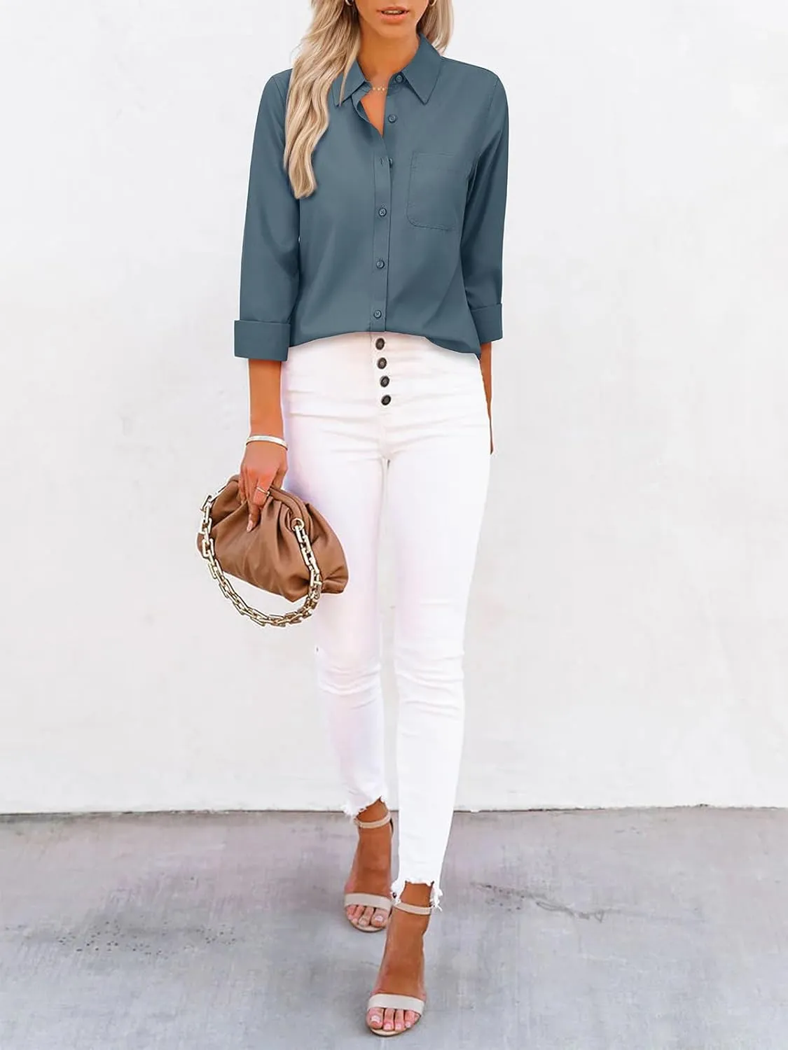 Womens Button Down Shirts Dress Shirt Collared Wrinkle Free Long Sleeve Blouse Office Tunics Tops with Pockets