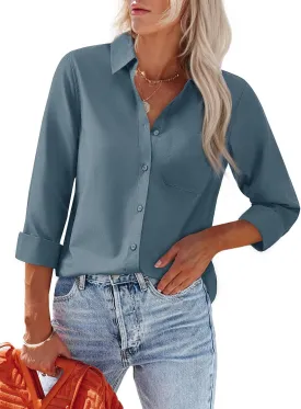 Womens Button Down Shirts Dress Shirt Collared Wrinkle Free Long Sleeve Blouse Office Tunics Tops with Pockets