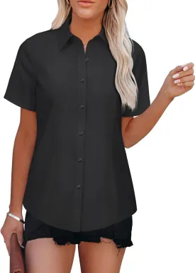 Womens Button Down Shirts Short Sleeve Fitted Button Up Dress Shirt Solid Collared Blouse Wrinkle Free Work Business Top