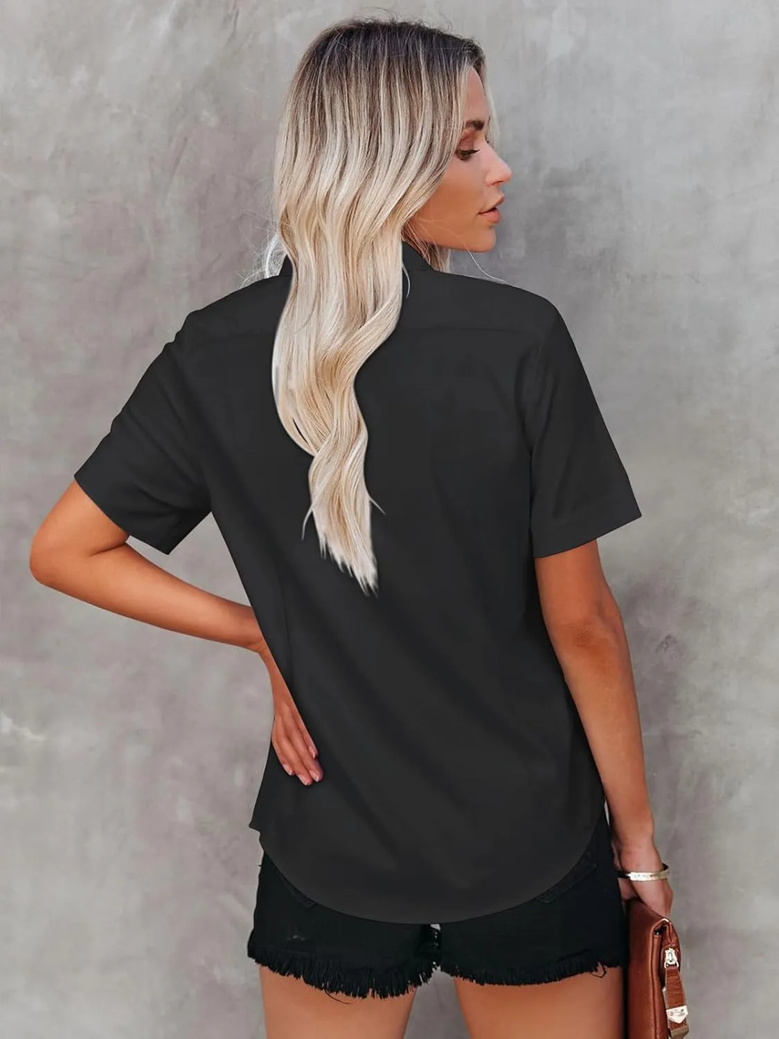 Womens Button Down Shirts Short Sleeve Fitted Button Up Dress Shirt Solid Collared Blouse Wrinkle Free Work Business Top