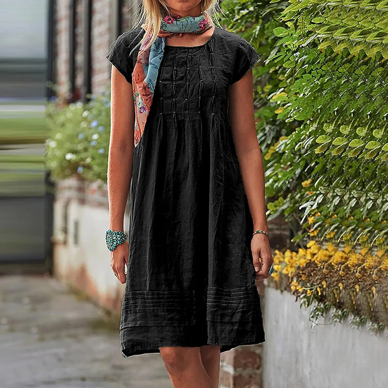 Women's Cotton Linen Midi Dress Plus Size Cap Sleeve Pleated Summer Dresses Vacation 2025 Crew Neck Casual Dress
