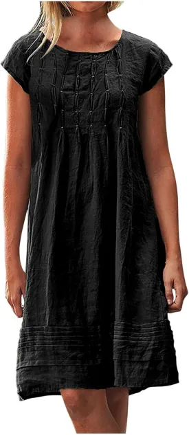 Women's Cotton Linen Midi Dress Plus Size Cap Sleeve Pleated Summer Dresses Vacation 2025 Crew Neck Casual Dress