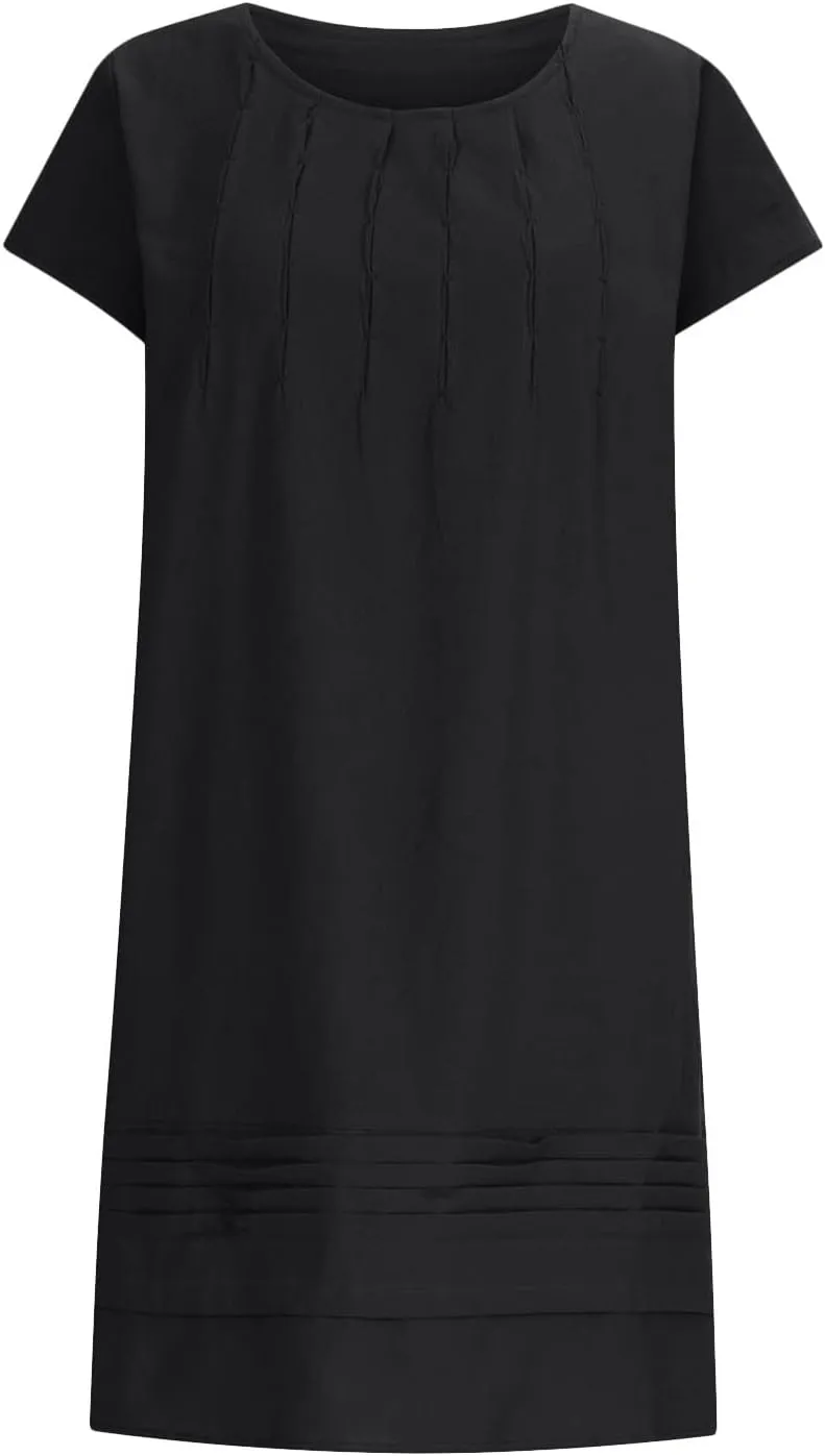 Women's Cotton Linen Midi Dress Plus Size Cap Sleeve Pleated Summer Dresses Vacation 2025 Crew Neck Casual Dress