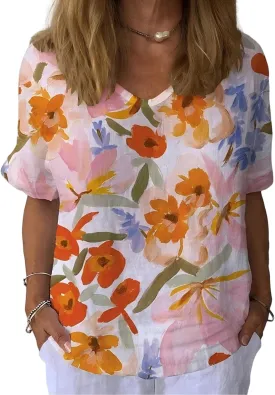 Womens Floral Plants Shirts Summer Short Sleeve Tops Cotton Linen Tshirt Trendy Boho Flower Graphic Tee Tops
