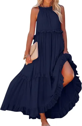 Womens Halter Dress Summer Tiered Flowy Maxi Dress Sleeveless Boho Ruffle Casual Beach Long Dress Wedding Guest Gress
