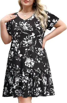 Women's Plus Size Tiered Midi Tunic Dresses 2025 Sexy V Neck Short Sleeve Casual Summer Loose T Shirt Sun Dress