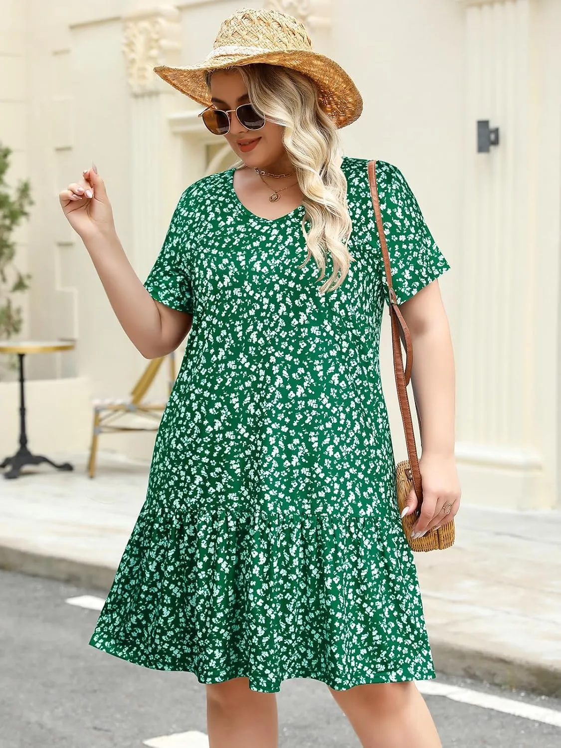 Women's Plus Size Tiered Midi Tunic Dresses 2025 Sexy V Neck Short Sleeve Casual Summer Loose T Shirt Sun Dress