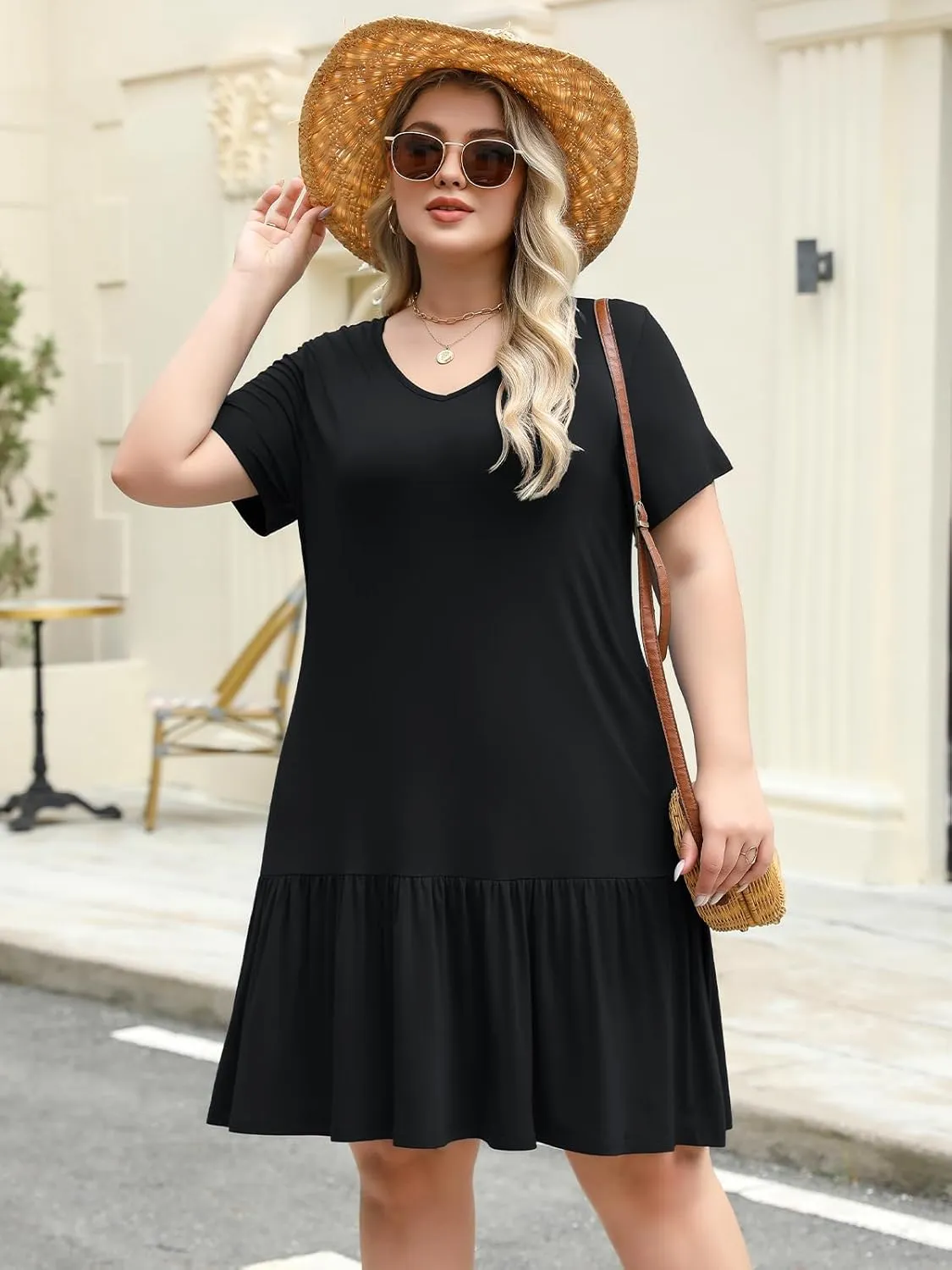 Women's Plus Size Tiered Midi Tunic Dresses 2025 Sexy V Neck Short Sleeve Casual Summer Loose T Shirt Sun Dress