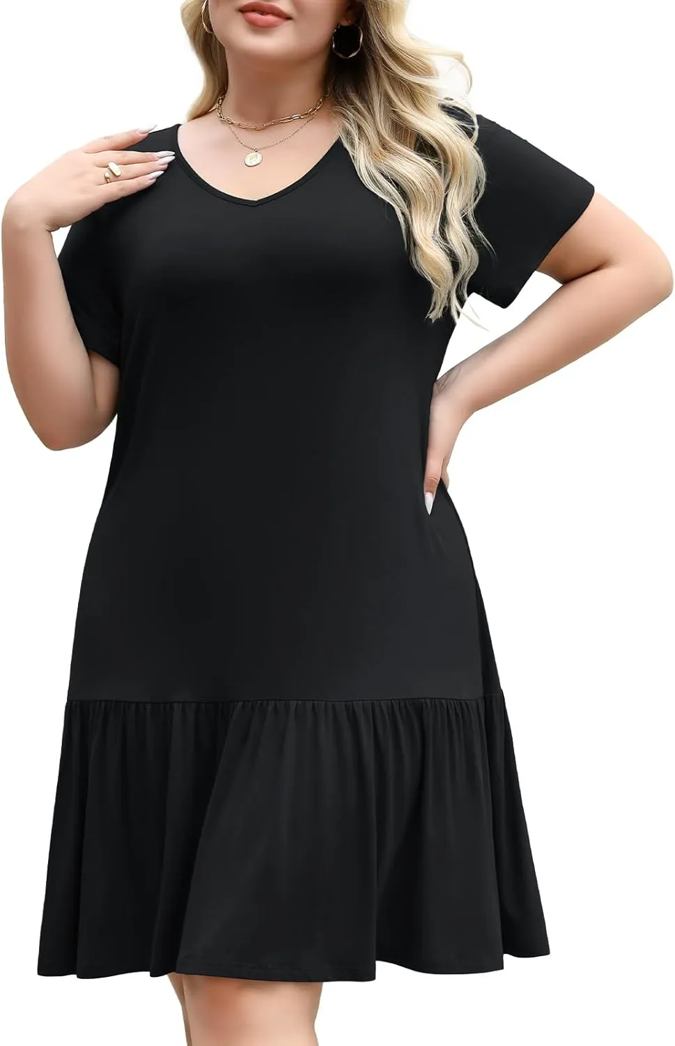 Women's Plus Size Tiered Midi Tunic Dresses 2025 Sexy V Neck Short Sleeve Casual Summer Loose T Shirt Sun Dress