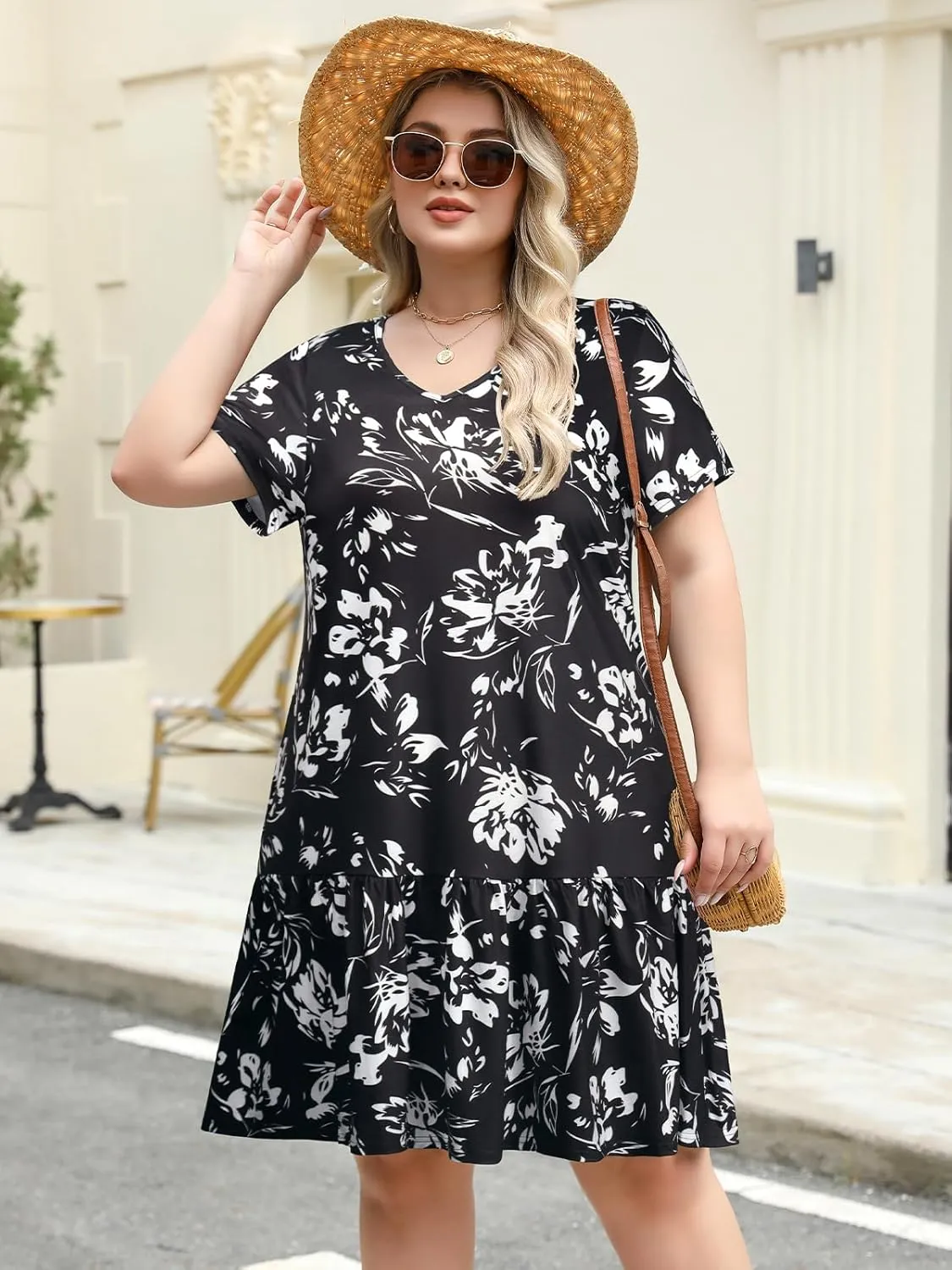 Women's Plus Size Tiered Midi Tunic Dresses 2025 Sexy V Neck Short Sleeve Casual Summer Loose T Shirt Sun Dress