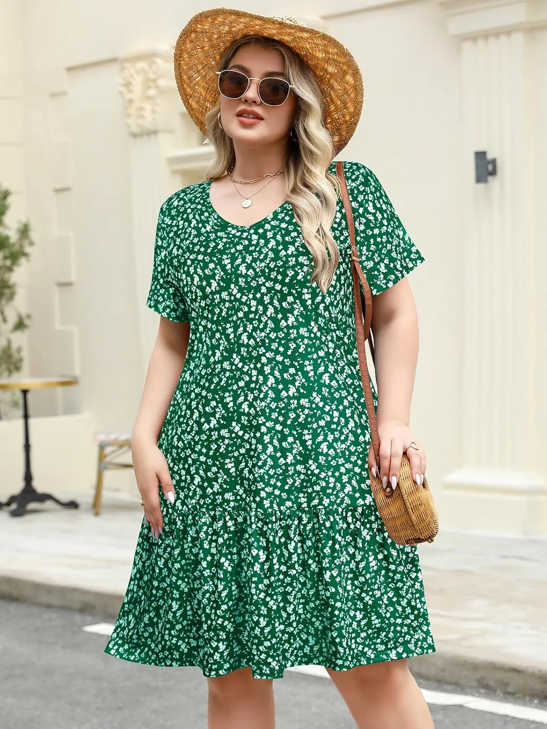 Women's Plus Size Tiered Midi Tunic Dresses 2025 Sexy V Neck Short Sleeve Casual Summer Loose T Shirt Sun Dress