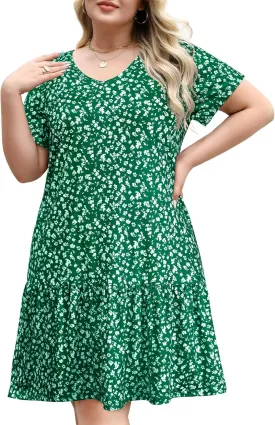 Women's Plus Size Tiered Midi Tunic Dresses 2025 Sexy V Neck Short Sleeve Casual Summer Loose T Shirt Sun Dress