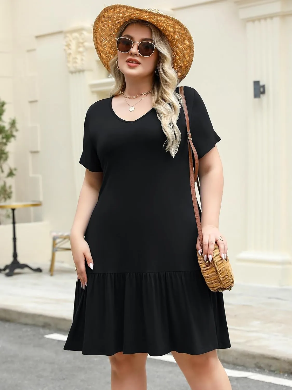 Women's Plus Size Tiered Midi Tunic Dresses 2025 Sexy V Neck Short Sleeve Casual Summer Loose T Shirt Sun Dress