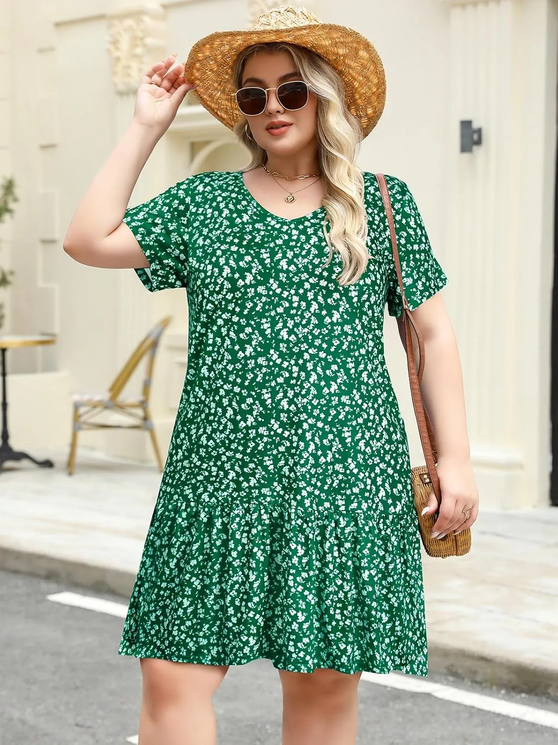 Women's Plus Size Tiered Midi Tunic Dresses 2025 Sexy V Neck Short Sleeve Casual Summer Loose T Shirt Sun Dress