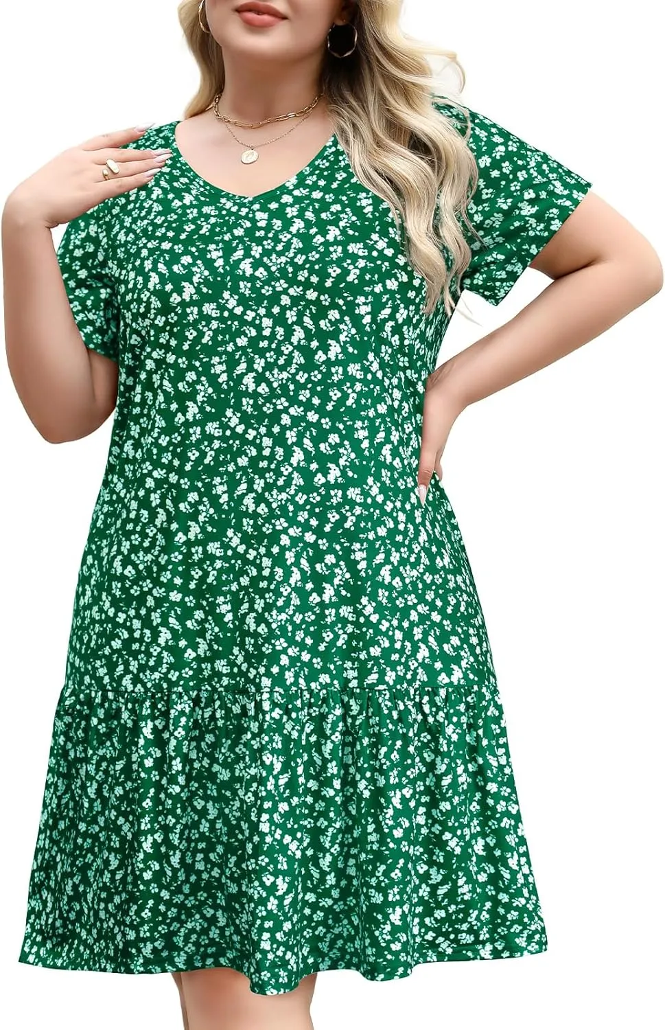 Women's Plus Size Tiered Midi Tunic Dresses 2025 Sexy V Neck Short Sleeve Casual Summer Loose T Shirt Sun Dress