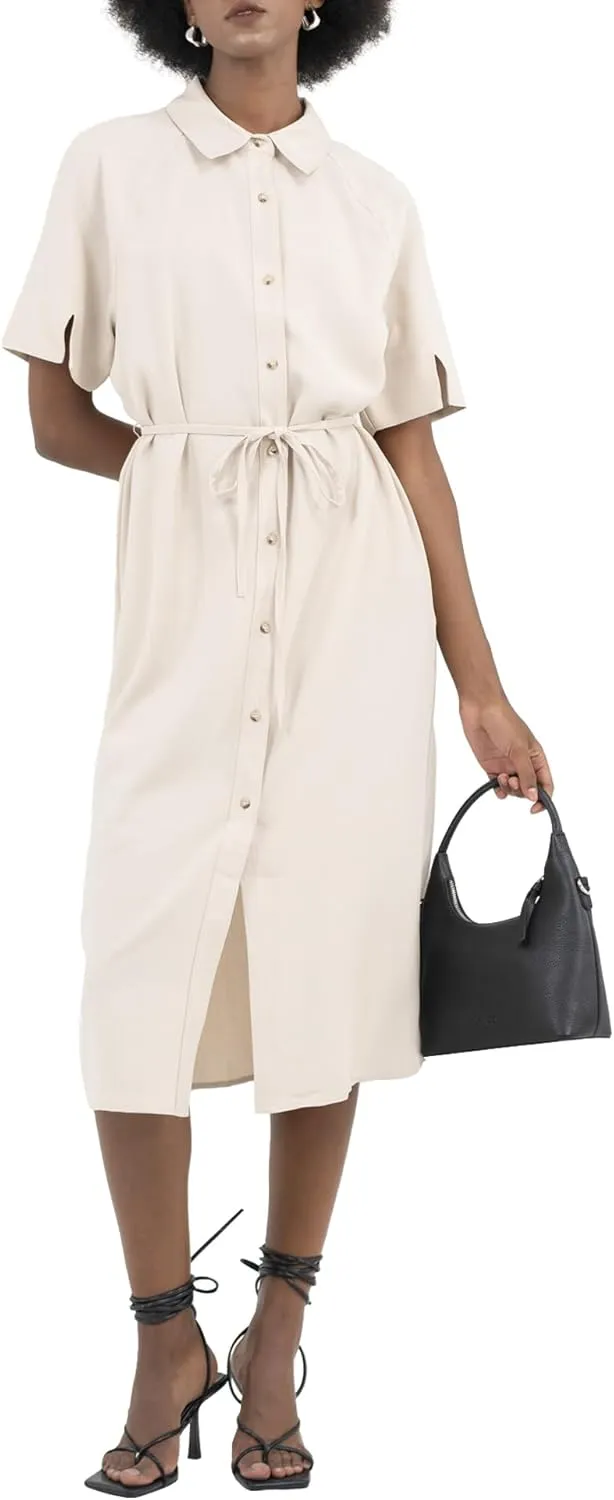 Womens Shirtdress Tie Waist Short Raglan Sleeves Slit Spread Collar Button Midi Work Office Business