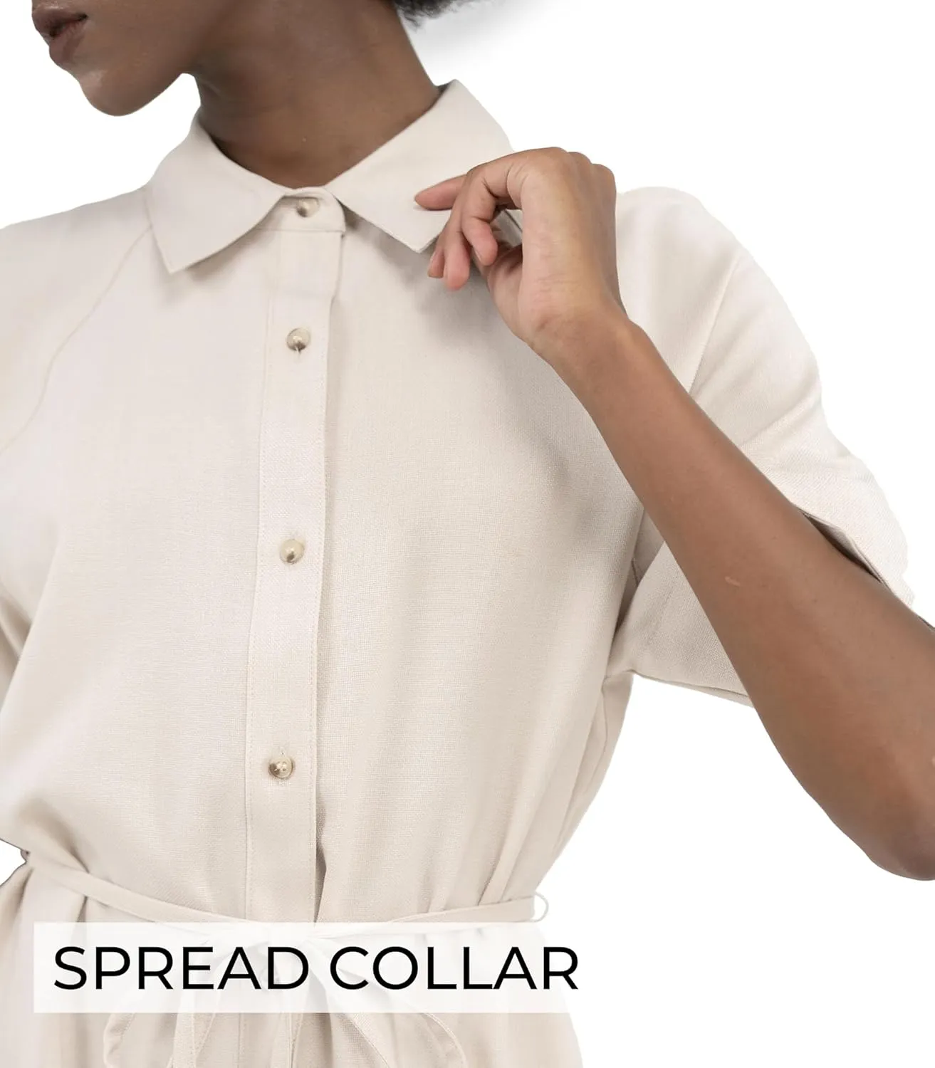 Womens Shirtdress Tie Waist Short Raglan Sleeves Slit Spread Collar Button Midi Work Office Business