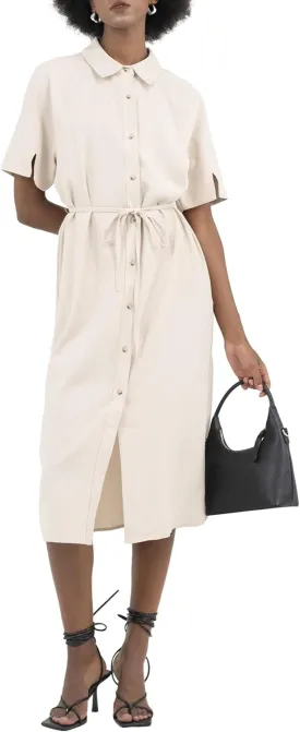 Womens Shirtdress Tie Waist Short Raglan Sleeves Slit Spread Collar Button Midi Work Office Business