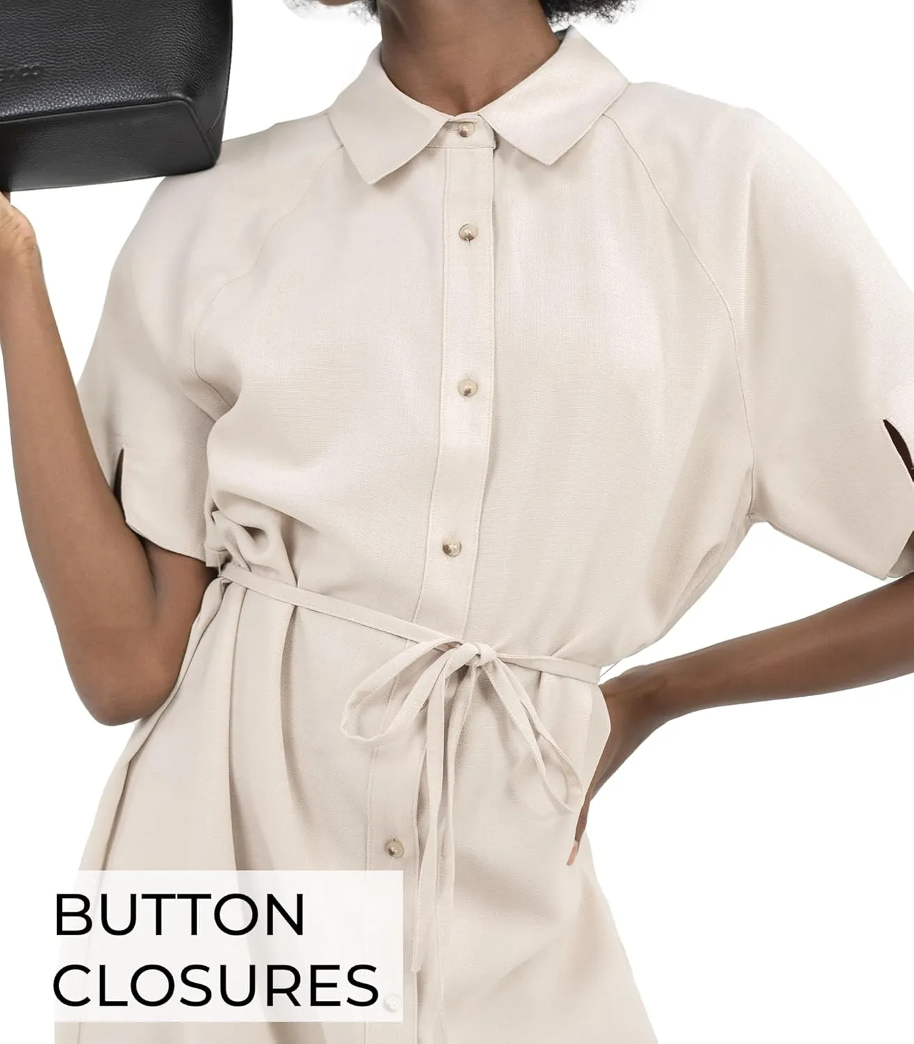 Womens Shirtdress Tie Waist Short Raglan Sleeves Slit Spread Collar Button Midi Work Office Business