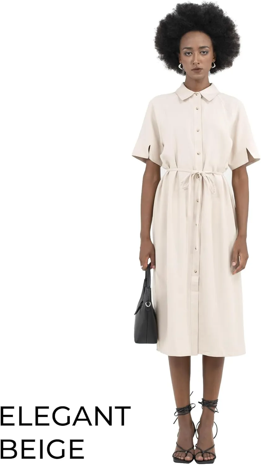 Womens Shirtdress Tie Waist Short Raglan Sleeves Slit Spread Collar Button Midi Work Office Business