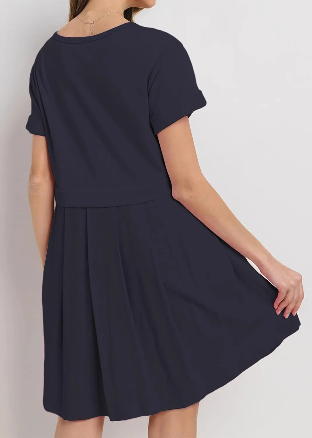 Women’s Summer Mini Dress Short Sleeve Crewneck Patchwork Pleated Short Dresses Casual Solid Basic Flowy Swing Beach Dress