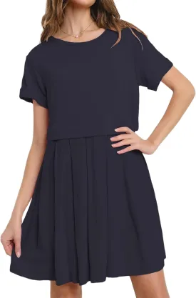Women’s Summer Mini Dress Short Sleeve Crewneck Patchwork Pleated Short Dresses Casual Solid Basic Flowy Swing Beach Dress